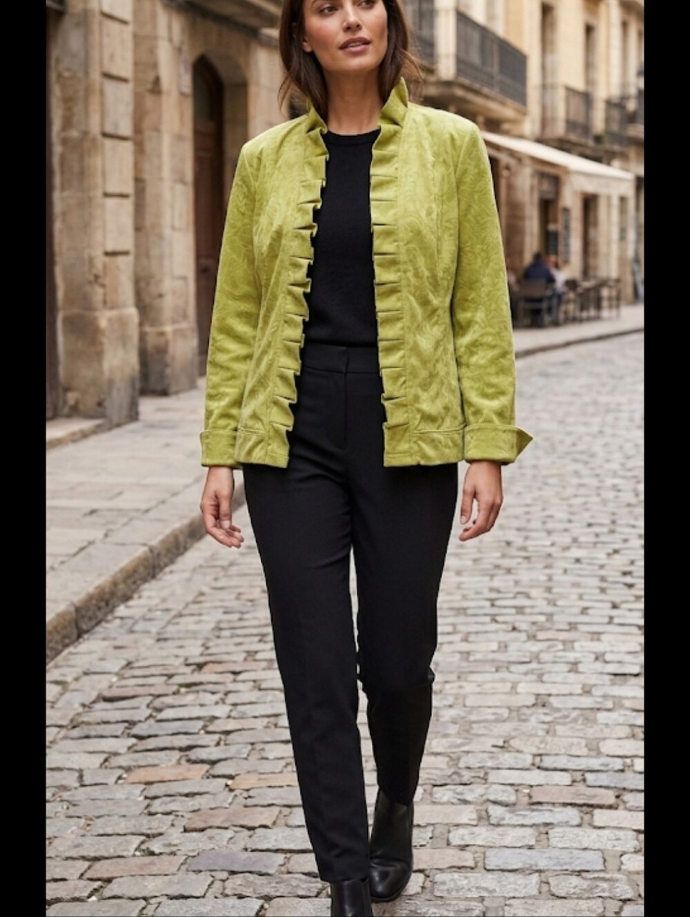 Chicos Celedon Green Ruffle Jacket M Open Front